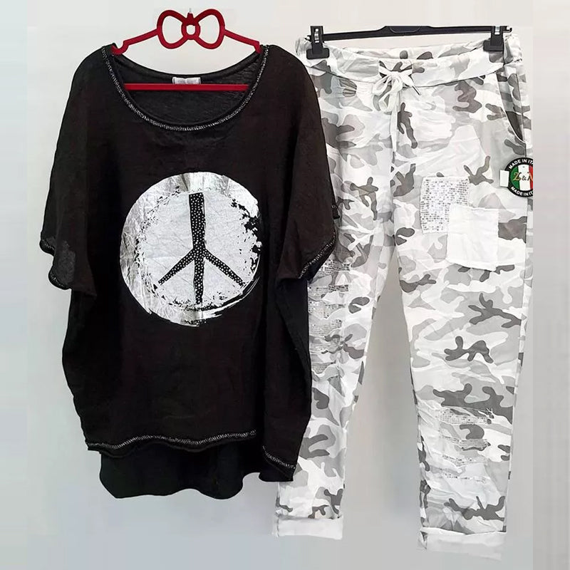 Ensemble Décontracté de T-shirt Imprimé et de Pantalon Camouflage pour Femme