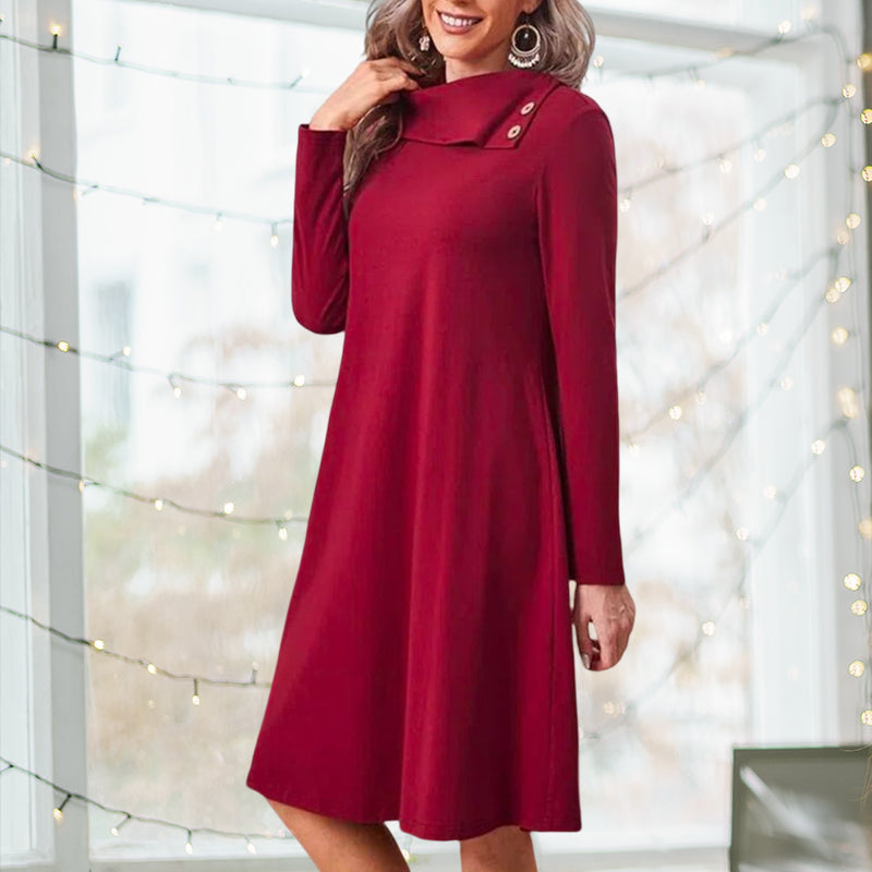 Robe Élégante de Noël de Couleur Unie avec Boutons