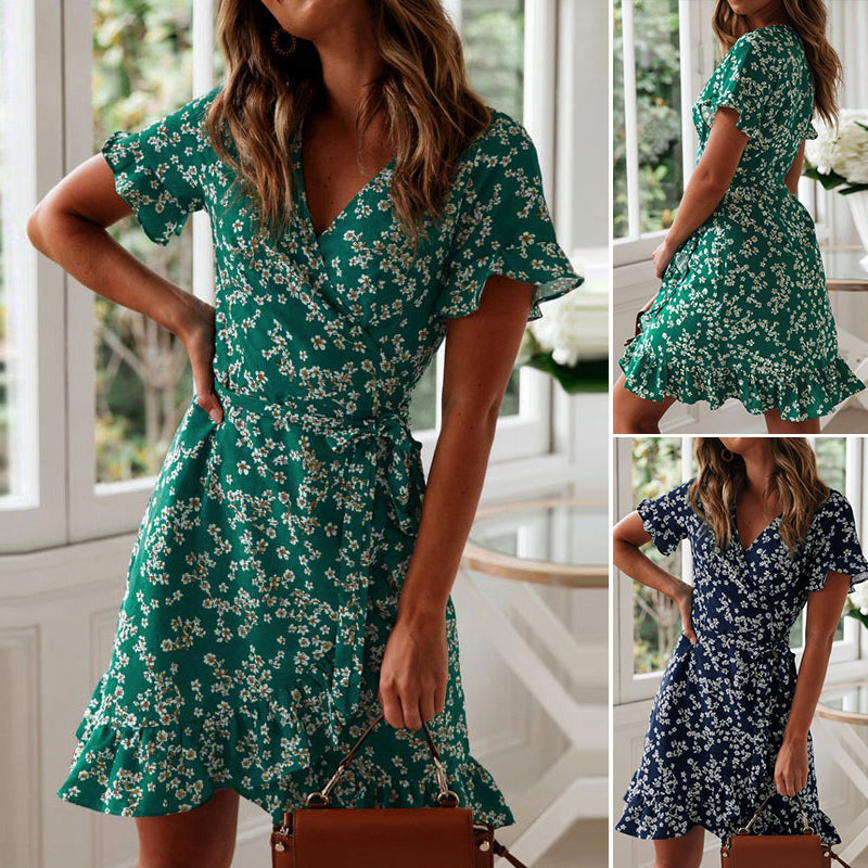 Robe nouée à col en V à fleurs